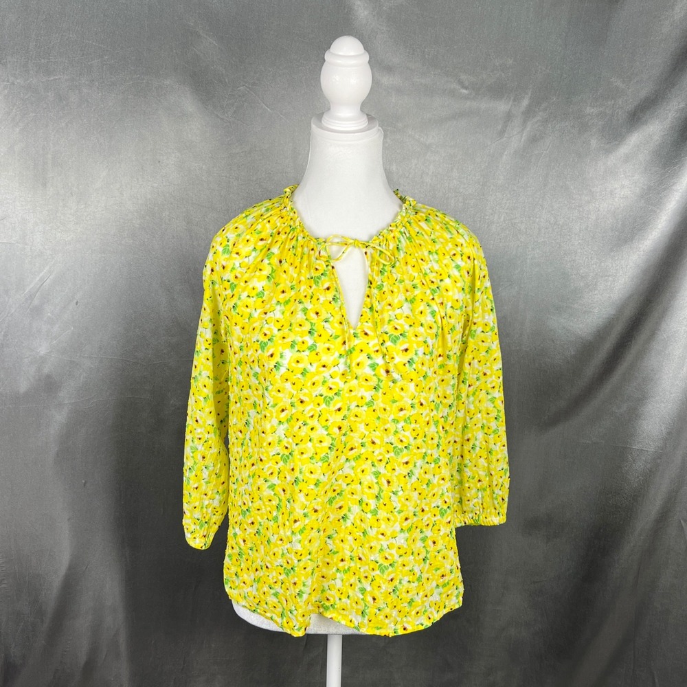 LOFT Womens XS Yellow Floral Tie Neck 3/4 Sleeve Dobby Peasant Blouse‎ Top Boho